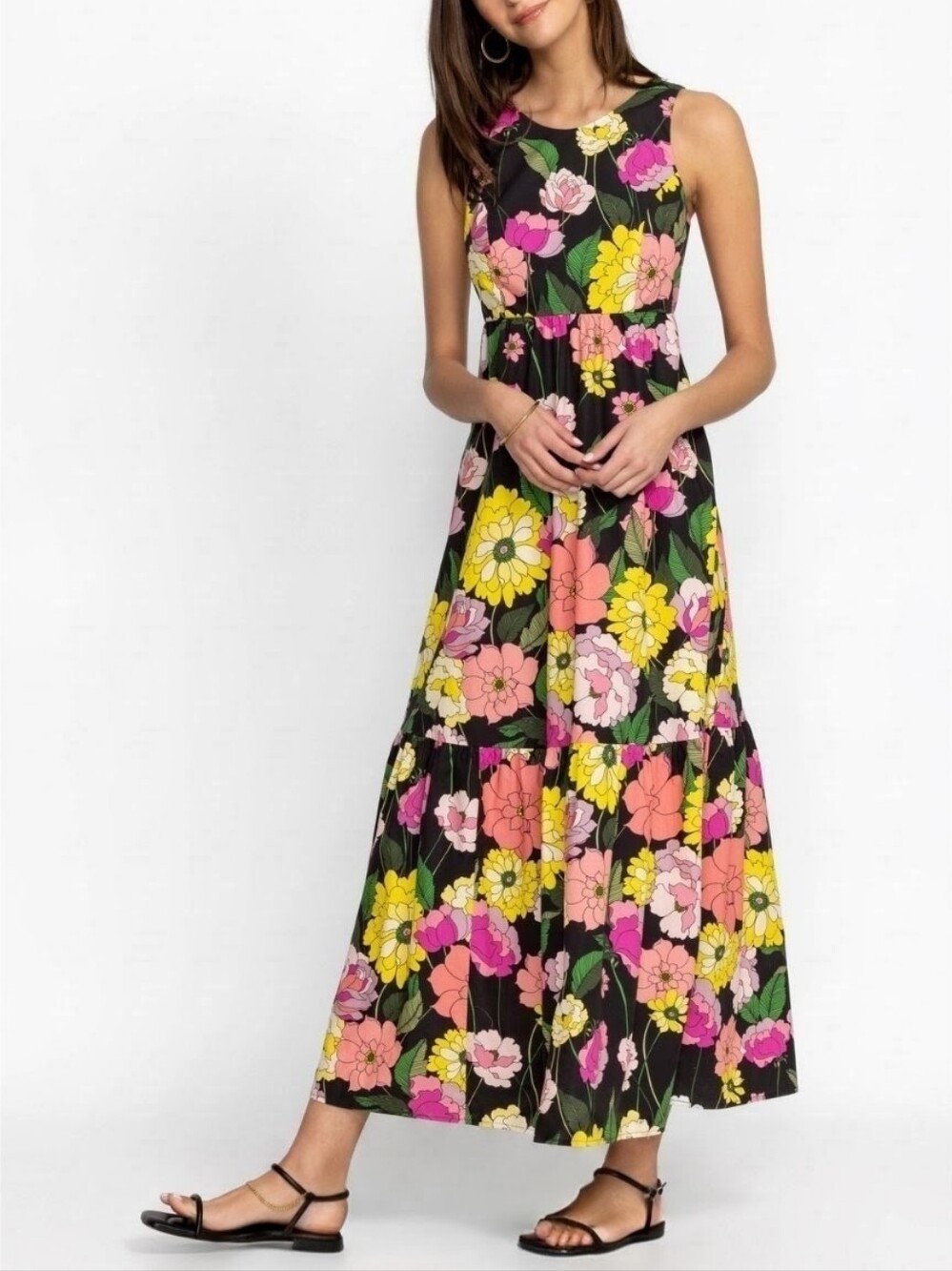 Johnny Was Black Maxi Dress with Yellow, Pink + Green Floral Print, NWOT Size S